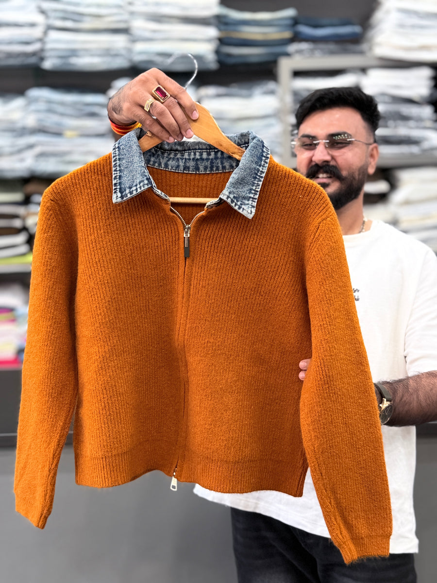 Ribbed Knit Jacket with Denim Collar