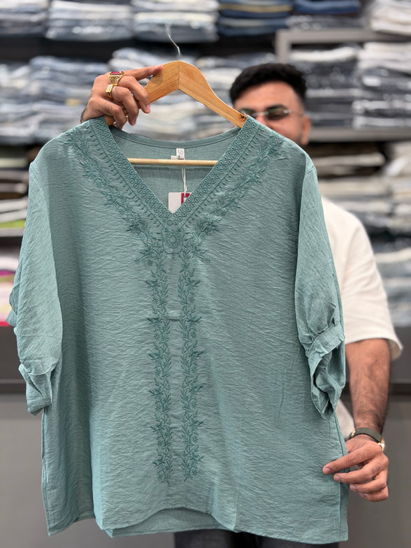 Linen Tonal Embroidery Top