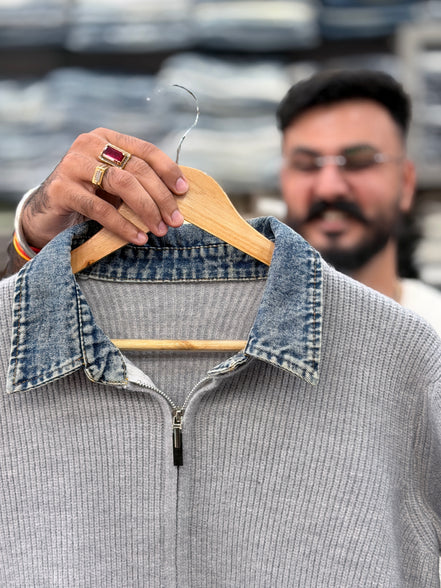 Ribbed Knit Jacket with Denim Collar