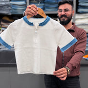 Knitted Fabric denim neck short sleeve T-shirt