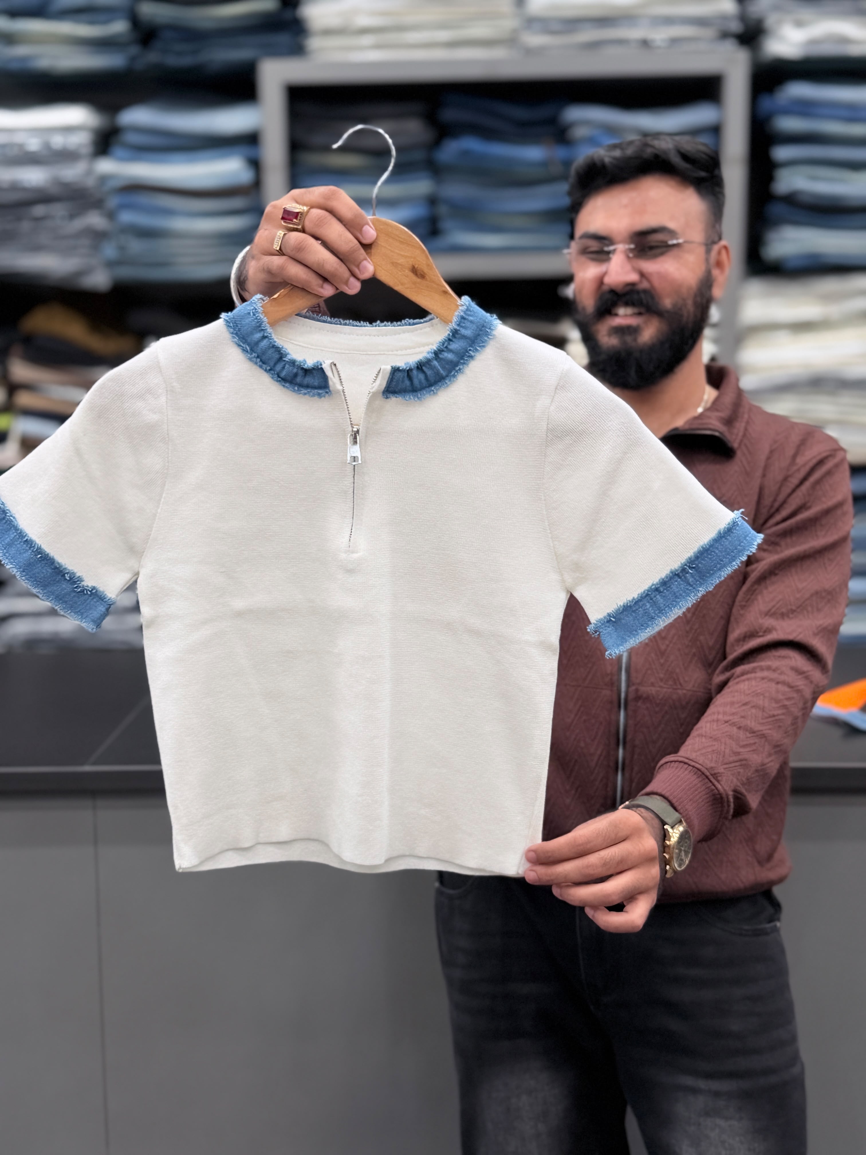 Knitted Fabric denim neck short sleeve T-shirt