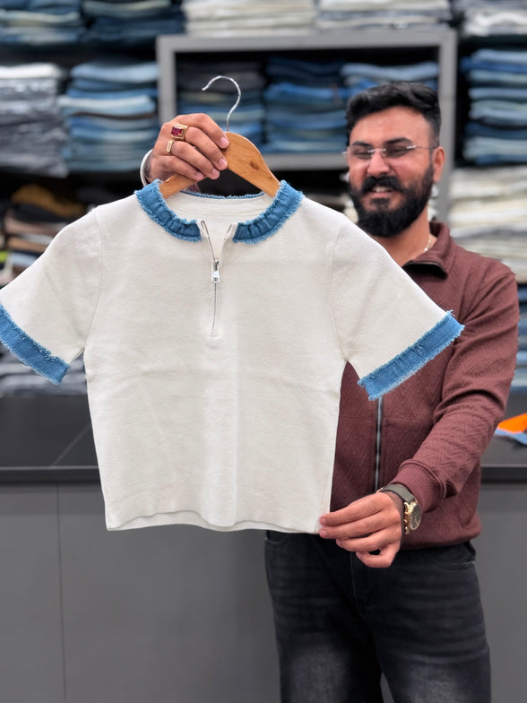 Knitted Fabric denim neck short sleeve T-shirt