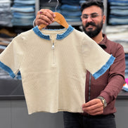 Knitted Fabric denim neck short sleeve T-shirt