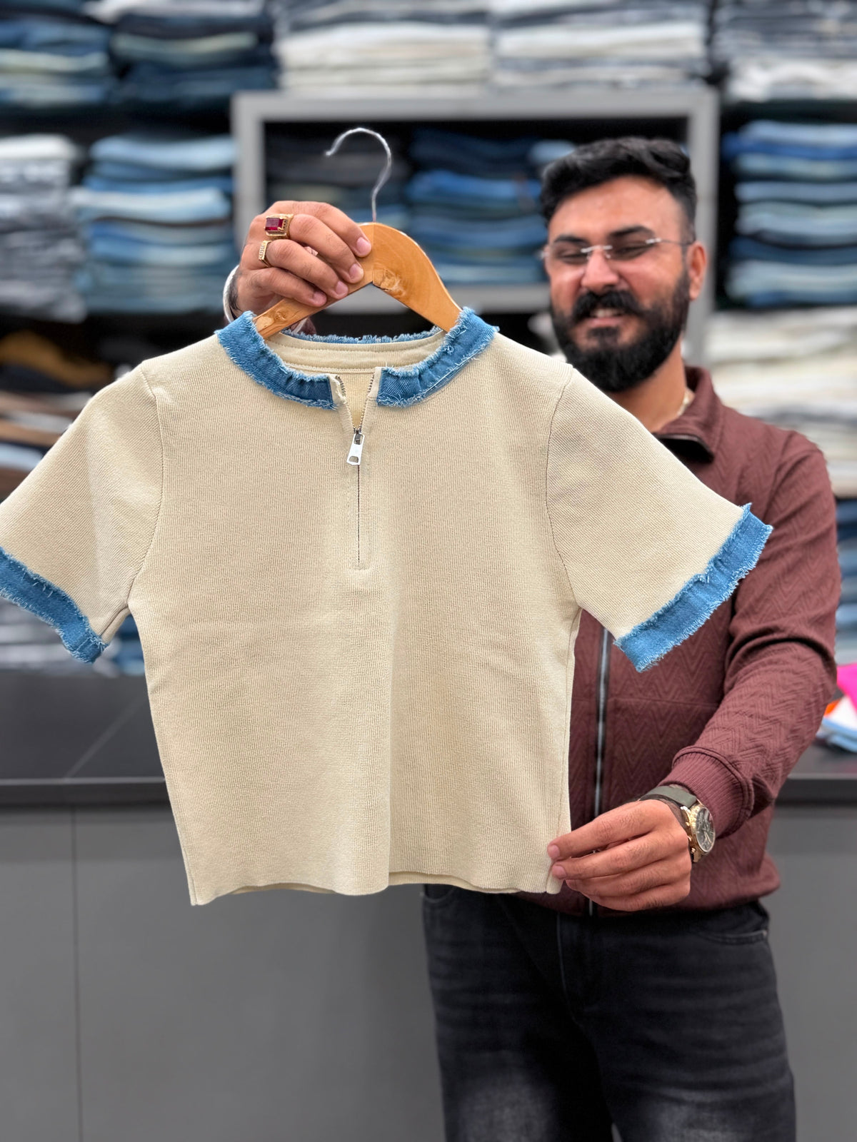 Knitted Fabric denim neck short sleeve T-shirt