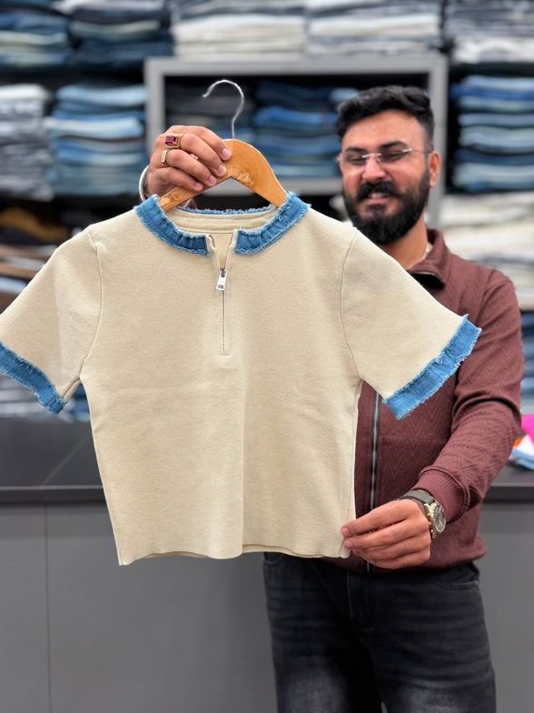 Knitted Fabric denim neck short sleeve T-shirt