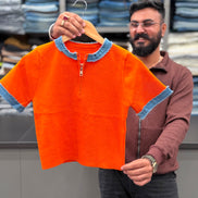 Knitted Fabric denim neck short sleeve T-shirt